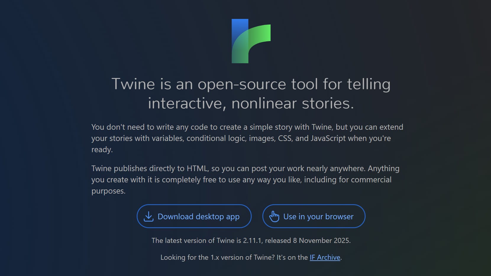 A green and blue logo above text that reads: Twine is an open-source tool for telling interactive, nonlinear stories.